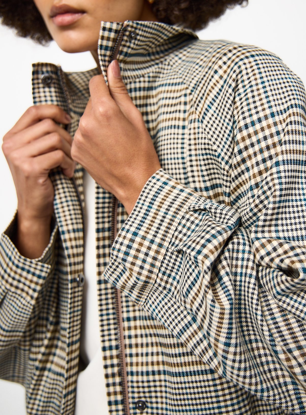 Neutral Check Print Funnel Neckline Bomber Jacket 14 - Image 3 thumbnail